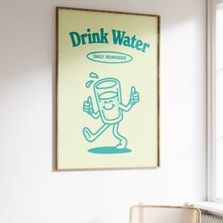 water reminder poster, retro printable wall art, digital download wall art, retro character poster, large printable art,