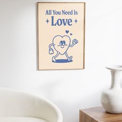 heart retro character wall art, retro quote wall print, all you need is love print, retro wall decor, large printables,