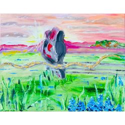 longhorn painting texas bluebonnet original art longhorns canvas 11x14" wall art 3d impasto oil landscape artwork cow fi