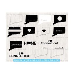 connecticut svg bundle, connecticut outline, connecticut map svg, love, home, connecticut state clipart, monogram frame, cut file, cricut