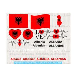 albania flag bundle svg, albania national flag svg, love, waving, albanian map clipart, albania flag, heart albania map, cut file, cricut