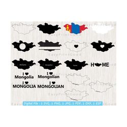 Mongolia Svg Bundle, Mongolia Map Outline, Love, Home, Clipart, Monogram Frame, Silhouette, Mongolian Flag Map, Mongolian , Cut file, Cricut
