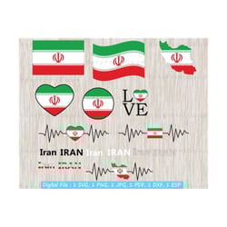 iran flag svg bundle, iran flag clipart, text word, map, waving flag, heart iran map, heartbeat, outline, white and black, cut file, cricut