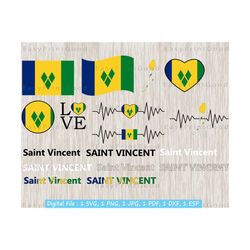 saint vincent island national flag svg bundle, st. vincent banner, text word, love, map, heart, waving, clipart, heartbeat, cut file, cricut