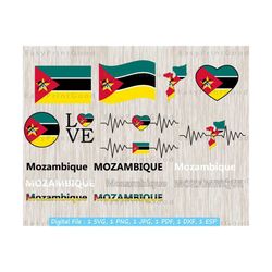 mozambique flag bundle svg, mozambique national flag, love, waving, mozambique flag heart, heartbeat, text word art, cut file, cricut svg