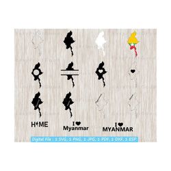 myanmar map svg bundle, black and white, outline, clipart, silhouette outline, i love, heart, home, monogram frame, cut file, cricut svg