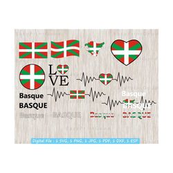 basque flag bundle svg, basque nation country banner, map, text word, love, waving, clipart, heartbeat, heart, text, cut file, cricut svg