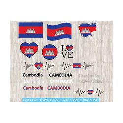cambodia flag bundle svg, outline, black and white, text word, heart, heartbeat, clipart, love, waving, text, cambodia map, cut file, cricut