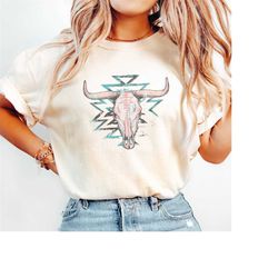 comfort colors cow skull western gift for her shirt, vintage rodeo shirt, western aztec bull skull shirt, cowboy shirt,