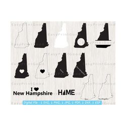 new hampshire svg bundle, new hampshire clipart, new hampshire map svg, new hampshire state outline, monogram frame, home, cut file, cricut