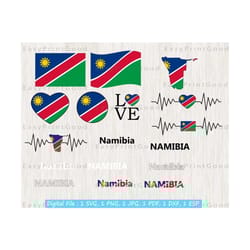 namibia flag bundle svg, namibia national flag, namibian nation country banner, love, waving, namibia map clipart, cut file, cricut svg
