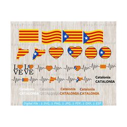 catalonia flag bundle svg, senyera flag, catalonia country banner, love catalonia, waving, catalonia flag heart, map, cut file, cricut svg
