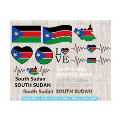 south sudan flag bundle svg, map, south sudan clipart, sudanese nation country, love, waving, flag heart, name word text, cut file, cricut