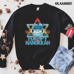 new happy hanukkah shark channukah menorah candles sharkmas xmas t-shirt - olashirt