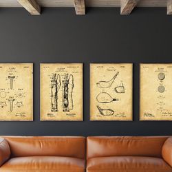 golf patent set of 4, golf club poster, golf ball decor, golf tee, caddy bag art, -1
