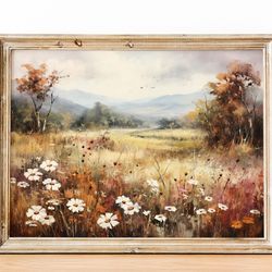 Printable Wildflower Field Landscape Oil Painting, Farmhouse Decor, Vintage Landscape Art Print, Country Field Wall Art,