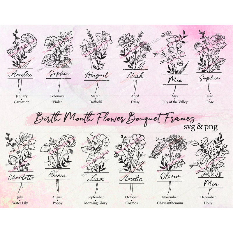 Birth Month Flower Bouquet Frame Svg Bundle, Birth Month Flower, Flower Svg, Birth flower,Flower Bouquet,flower,flowers,floral,frame,Svg,Png.jpg