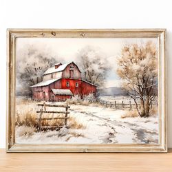 vintage red barn print, winter farmhouse painting, winter snow barn wall art, winter country landscape, printable christ