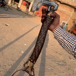 hand-forged fire pattern viking axe | 22 high carbon steel blade with leather-wrapped wooden handle