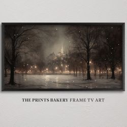 frame tv art christmas snowy city park lights, vintage winter wonderland, festive samsung tv artwork, rustic neutral dig
