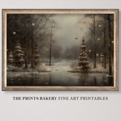 PRINTABLE Christmas Magical Winter Forest Print, Enchanting Snowy Landscape Wall Art, Xmas Pine Trees Ornaments, Moody D
