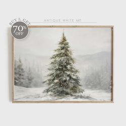 Printable Christmas Tree Wall Art, Vintage Winter Print, Winter Forest Art, Rustic Landscape Oil Painting, Moody Farmhou