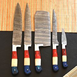 damascus steel chef knifes set with wood & camel bone handle, am industry