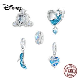 Disney 925 Sterling Silver Cinderella Pendant Pumpkin Carriage Love Blue Crystal Shoes DIY Beads for Jewelry Making Acce