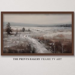 Winter Country Landscape Frame TV Art, Snowy Vintage Digital Download, Rustic Abstract Painting, Winter Farmhouse Christ