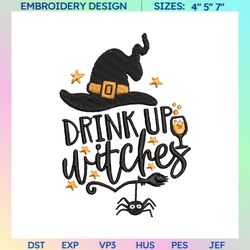 drink up witches design, happy halloween embroidery design, hocus pocus embroidery design, hocus pocus sisters, sanderson sisters embroidery file