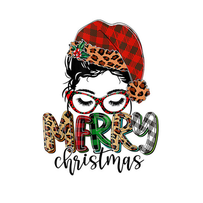 Leopard Messy Bun Merry Christmas Buffalo Plaid Womens Gift T-Shirt copy.jpg