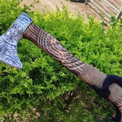 hand-forged viking throwing axe | 19 handmade carbon steel blade with carved ashwood handle | rare art collectible
