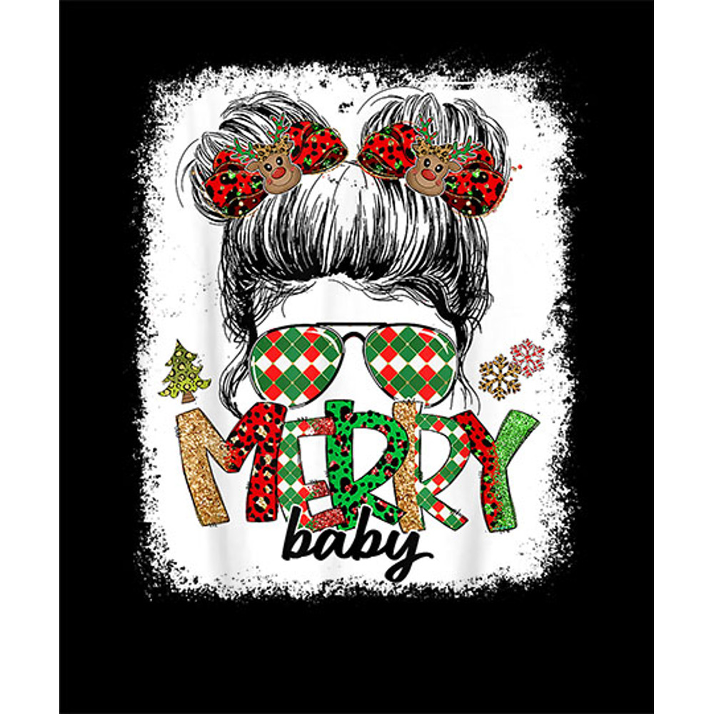 Merry Baby Christmas Messy Bun Plaid Reindeer Xmas Holidays T-Shirt.jpg