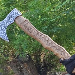 handmade rare art carbon steel blade viking throwing axe - carved ashwood handle