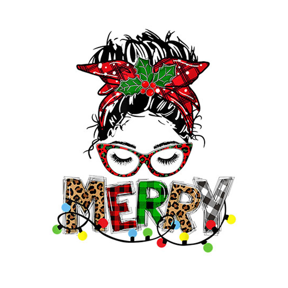 Merry Christmas Lights Buffalo Plaid Leopard Messy Bun Girls T-Shirt copy.jpg
