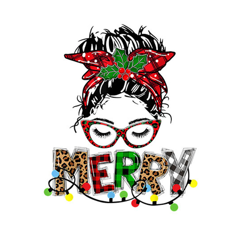 Merry Christmas Lights Buffalo Plaid Leopard Messy Bun Girls T-Shirt copy.jpg