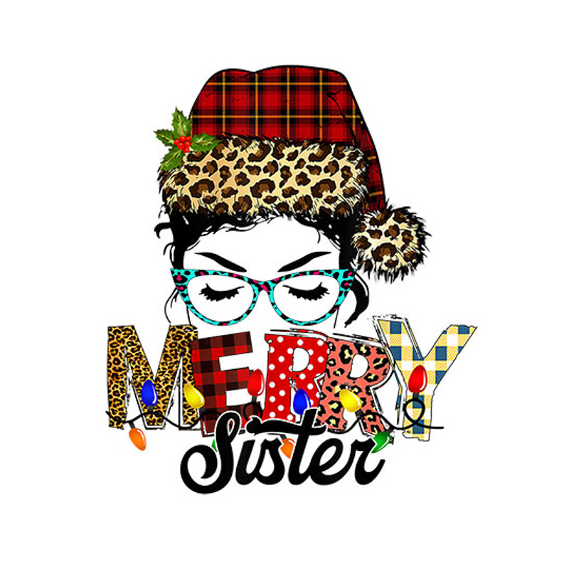 Messy Bun Merry Christmas Sister Leopard Buffalo Xmas Lights T-Shirt copy.jpg