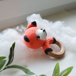 Orange fox crochet rattle for newborn or baby shower gift, new parrents gift