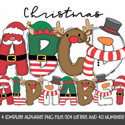 christmas alphabet, christmas doodle letters, reindeer, elf, santa claus, snowman, christmas png letters, christmas font