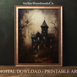 haunted house art print, halloween printable wall art, muted vintage spooky halloween art, dark acamedia halloween digit