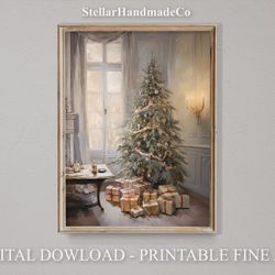 Christmas Printable Wall Art, Christmas Tree, Xmas Living Room Painting, Rustic Christmas Art Decor Print, Vintage Holid