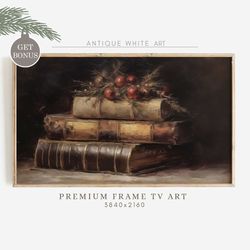 frame tv still life with books, rustic christmas oil painting, samsung frame tv art, moodyvintage christmas decor, chris