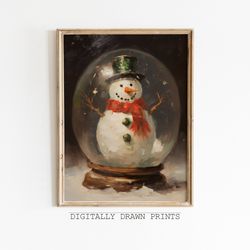 Vintage Christmas Wall Art, Cute Snowman Snowglobe, Christmas Printable Oil Painting, Seasonal Christmas Decor, Holiday