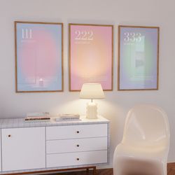 angel numbers 111 222 333 aura poster set of 3 prints, pink aesthetic decor trendy spiritual aura energy 3 piece gradien