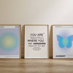 angel numbers 222 aura poster printable set of 3 prints, aesthetic room decor, trendy spiritual aura energy 3 piece grad