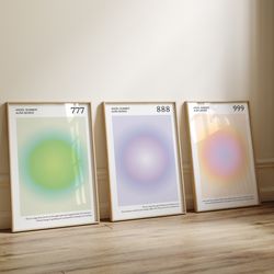angel numbers aura poster printable set for 777 888 999, aesthetic room decor trendy spiritual aura energy set of 3 prin