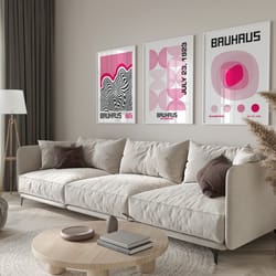 bauhaus pink print set, gallery wall art set of 3 prints, bauhaus abstract wall art, minimalist bauhaus exhibition poste
