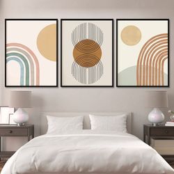 boho 3 piece wall art print geometric line art mid century modern wall decor extra large minimalist poster set bedroom n