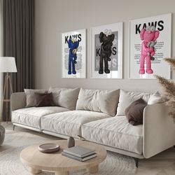 colorful hypebeast toys poster set of 3, pop culture art for streetwear enthusiasts, hypebeast figured printable wall ar