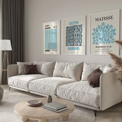 exhibition print set, gallery wall set, 3 piece wall art, blue matisse print, yayoi kusama print, keith haring print